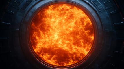 A dynamic and intense view of a fiery sun through a circular frame, highlighting the vibrant flames and texture, perfect for illustrating energy and celestial phenomena.