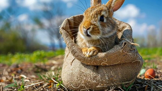 A brown rabbit sits in a burlap sack on a grassy field, enjoying a sunny spring day