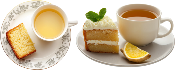 cup of tea and cake isolated white background