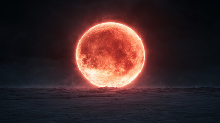 A stunning view of a large, glowing red moon illuminating the dark night sky. The captivating scene evokes a sense of wonder and mystery, perfect for various creative projects.