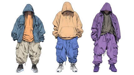 Design drawings of three different men's styles, featuring hoodies and jackets in light colors with baggy pants underneath