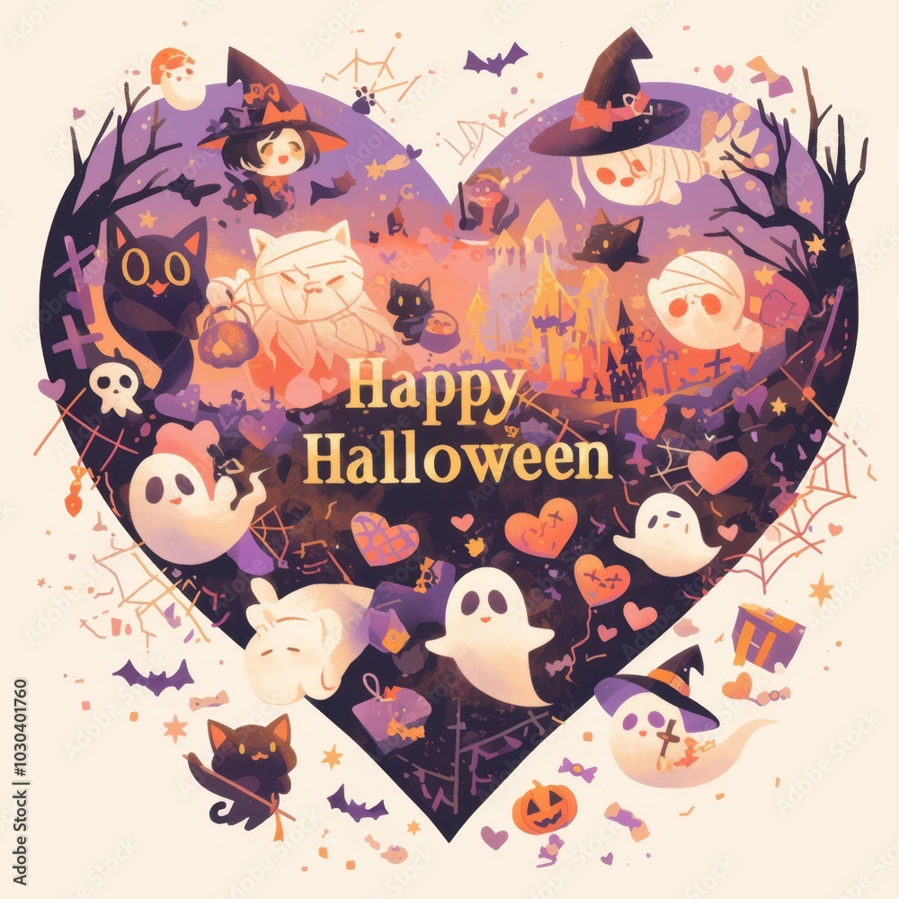 Wall mural a heart shaped halloween scene with ghosts, cats, and bats