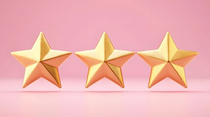 Obraz premium three gold stars on a pale pink background, perfect for ratings and reviews. Ideal for showcasing evaluations with ample space for text input.