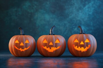 Three Warmly Glowing Halloween Pumpkins on Display