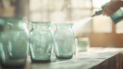 Glass washer using steam cleaner on delicate antique glassware at a museum photo