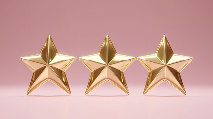 Fototapeta premium three gold stars on a pale pink background, perfect for ratings and reviews. Ideal for showcasing evaluations with ample space for text input.