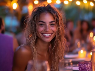 a lively group of friends share laughter and joy at an outdoor restaurant under warm summer lights. the vibrant colors and cheerful atmosphere create a perfect setting for celebration and connection