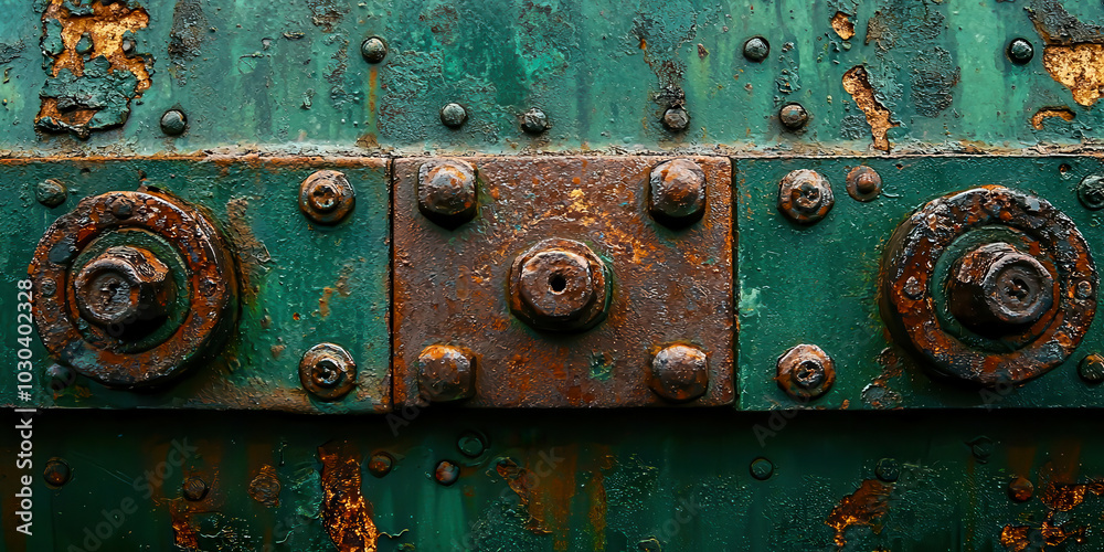 Poster A rusty metal object with three bolts and a keyhole