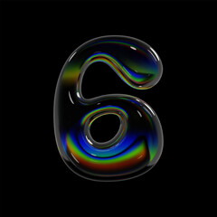 Number 6, 3d balloon bubble six number. Holographic glass inflated shape with rainbow dispersion effect. Isolated vector render sign for Y2K futuristic typography and modern font design projects