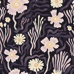 Abstract Floral Pattern with Dark Background and Pink Blooms