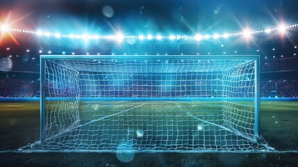 Photo of an empty soccer goal in the center, surrounded by bright stadium lights and cheering fans on background. Digital illustration with sharp focus and high resolution.