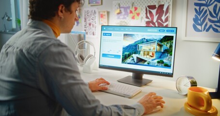 Young man types text prompt in artificial intelligence software on personal computer. AI image generator generates detailed photo of modern house. Advanced AI generated image creation. Generative art.