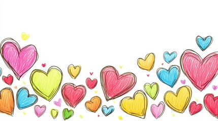 Colorful Hand-drawn Hearts Border on White Background for Valentine's Day