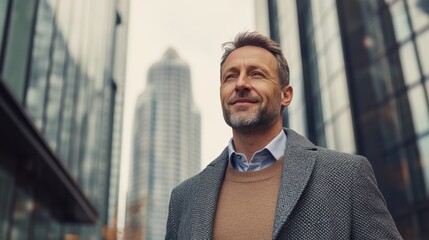 Businessman walking through a modern cityscape on a cloudy day