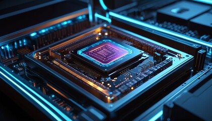 Obraz premium A quantum computer encased in a powerful desktop, glowing with soft lights, merging futuristic tech with traditional hardware, Generative AI