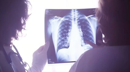 Doctor carefully examines X-ray film of patient's lungs, identifying COVID-19 complications, with medical instruments and charts in the background.