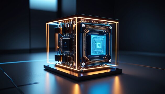 A sleek, modern quantum computer with glowing panels floats in a dimly lit room, its advanced circuits pulsing with energy, creating a futuristic and high-tech atmosphere, Generative AI