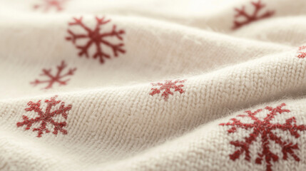 Soft, cozy woolen fabric with red and white snowflake patterns, ideal for holiday-themed backgrounds and textures photo