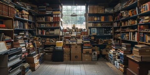 Fototapeta premium Vintage library storage room filled with shelves of books, stacks of old volumes, and boxes