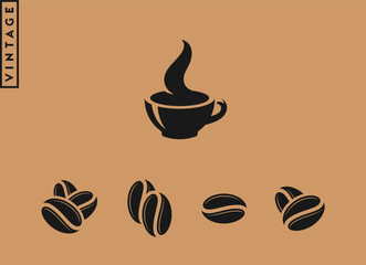 Coffee vintage style. Isolated coffee cup with steam and coffee beans on brown background