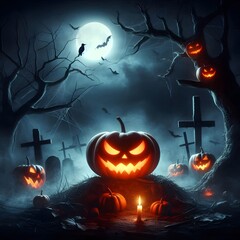 spooky halloween background with glowing pumpkin and bats