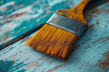 Fototapeta premium A used paintbrush rests on a blue, textured wooden panel.