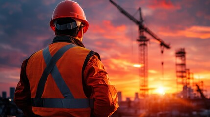 Construction Worker at Sunset with Crane in Background