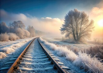 Fototapeta premium In the crisp winter air, a fog envelops the quiet train tracks, transforming the landscape into a serene and enchanting scene, filled with serene beauty.