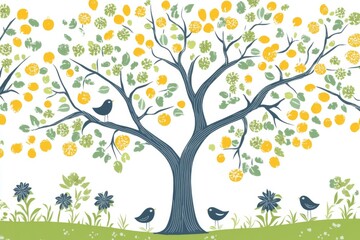 Stylized tree with abundant leaves and fruits featuring birds and flowers around the base illustrating growth abundance and natural harmony in a simple whimsical vector
