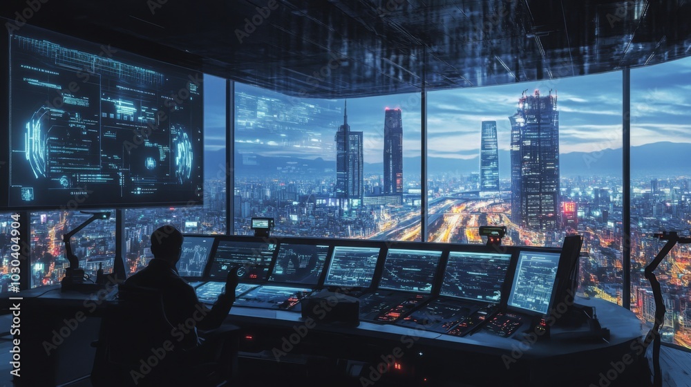 Poster A control room features high-tech screens displaying data while an operator monitors city activity. The vibrant skyline glows under twilight with skyscrapers and lights reflecting the urban buzz.