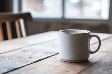 Fototapeta premium A simple white mug sits on a rustic wooden table, softly lit by window light.