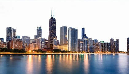 Fototapeta premium Chicago skyline at night showcasing illuminated buildings, with a white background. Concept of urban nightscape and city lights