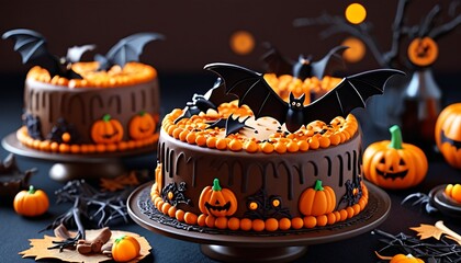 Charming Halloween cakes embellished with intricate bat decorations, creating an enchanting atmosphere for any autumn gathering, Generative AI