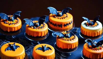 A delightful selection of Halloween cakes showcasing decorative bats, sure to impress and enchant your guests at any autumn gathering, Generative AI