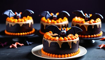 Hauntingly delicious cakes decorated with playful bats, perfect for Halloween festivities and themed dessert tables, Generative AI
