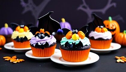 Whimsical cakes for Halloween featuring adorable bat decorations, bringing a fun and spooky vibe to your celebrations, Generative AI