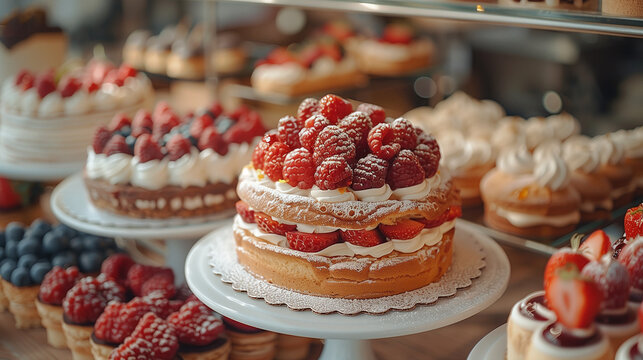 Cupcakes with raspberries on display