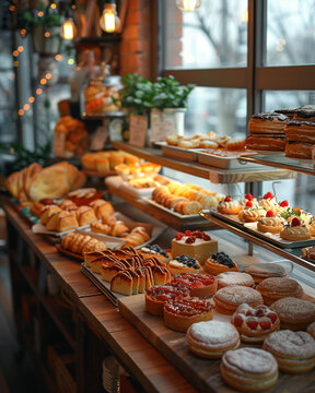 Bakery, cakes, cupcakes, buns on display