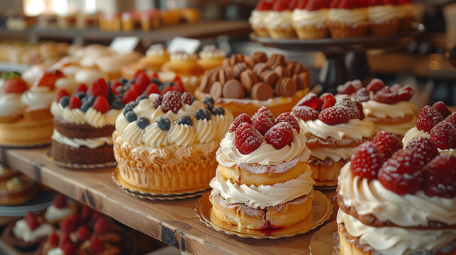 Cupcakes with cream and berries on display