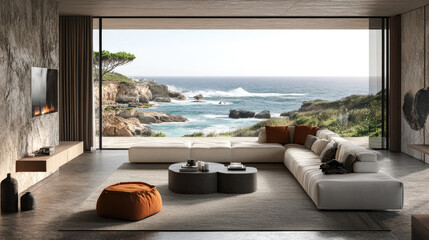 Fototapeta premium A modern living room with an open window overlooking a breathtaking coastline, with waves crashing against the rocks, providing a sense of calm and inspiration.