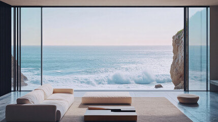 Obraz premium A modern living room with an open window overlooking a breathtaking coastline, with waves crashing against the rocks, providing a sense of calm and inspiration.