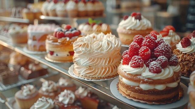 Cupcakes with cream and berries on display