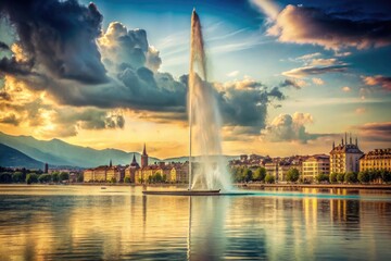 In timeless vintage style, photograph Geneva's renowned Jet d'Eau fountain, flawlessly set against a serene lake backdrop, blending perfectly with the peaceful ambiance of nature.
