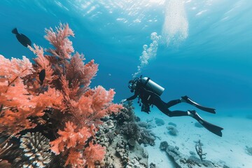 Scuba diver exploring an coral reef underwater, with a blue water background. Colorful corals and sea life on the ocean floor in Thailand with copy space for text.