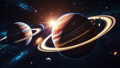 An enchanting slow-motion view of planets reflecting sunlight, creating a brilliant display in space, Generative AI