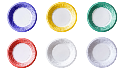 White paper plates with colorful borders isolated on white background