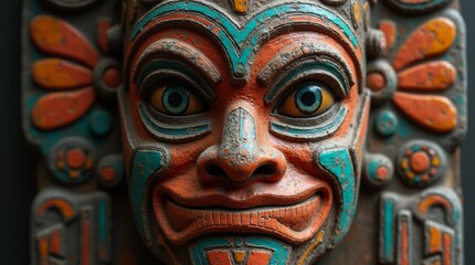 Fototapeta premium A close-up of a colorful carved wooden mask with a wide smile.