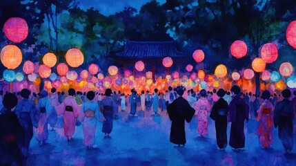 Traditional Bon Odori Dance in a Village Square during Obon Festival.