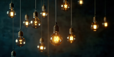 A bunch of light bulbs hanging from the ceiling