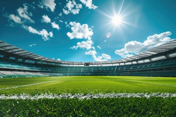 Sunny day, modern sports stadium with empty seats, view from the stands on an open green field of grass, blue sky